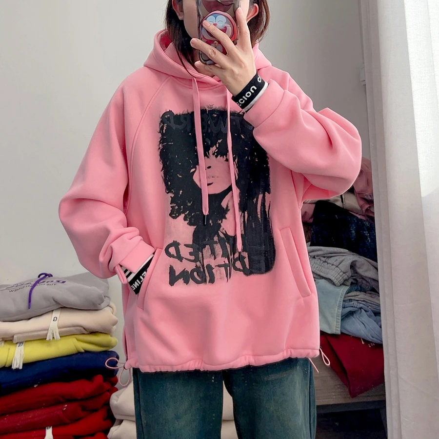 S/H加绒加厚韩版休闲宽松外套人像字母印花ins连帽卫衣女DY3198