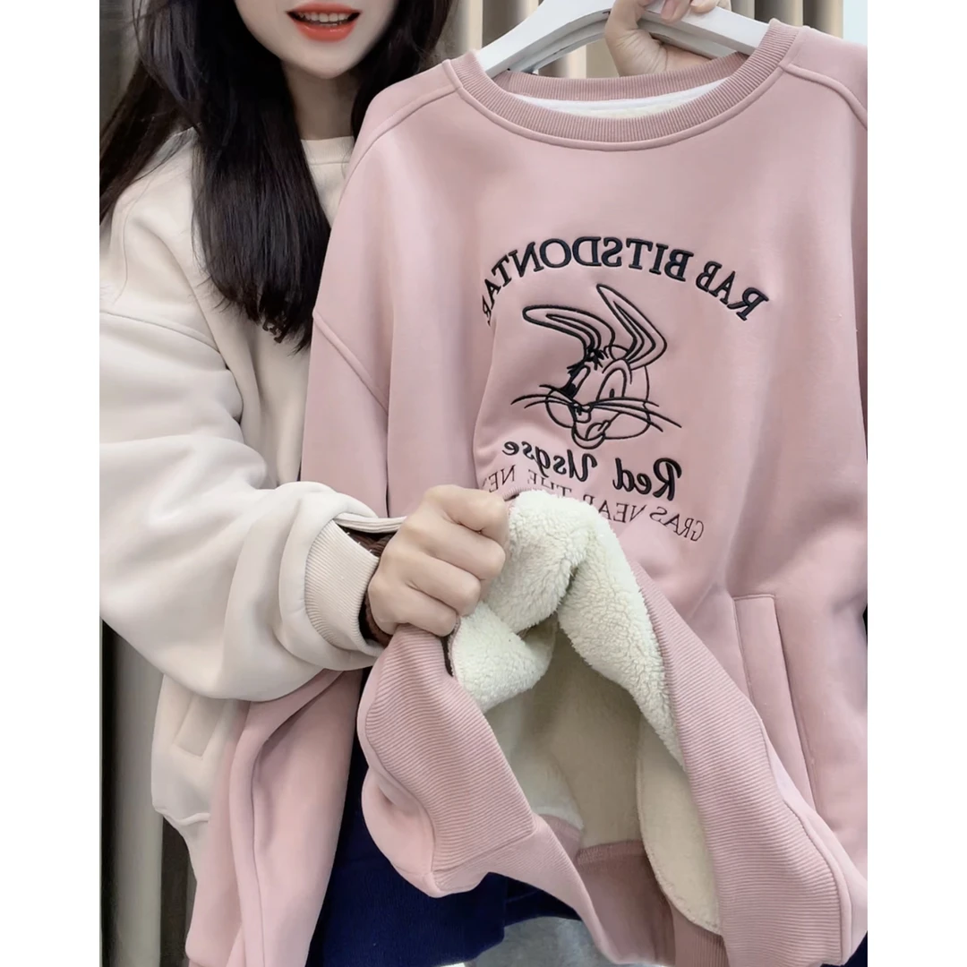 【丽可儿】加绒加厚韩版休闲宽松卡通刺绣圆领长袖卫衣女冬 DY3252