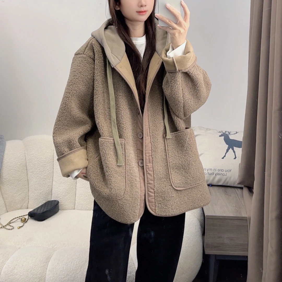 宽松连帽外套女秋冬款宽松大口袋皮毛一体保暖上衣DYY2373