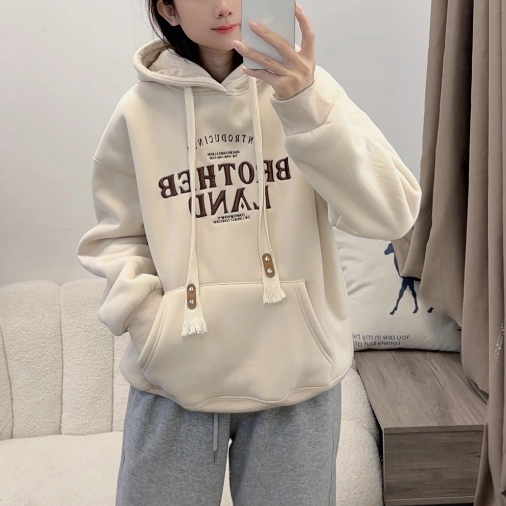 lb加厚加绒连帽宽松套头刺绣字母卫衣2024慵懒风卫衣外套DYY2392