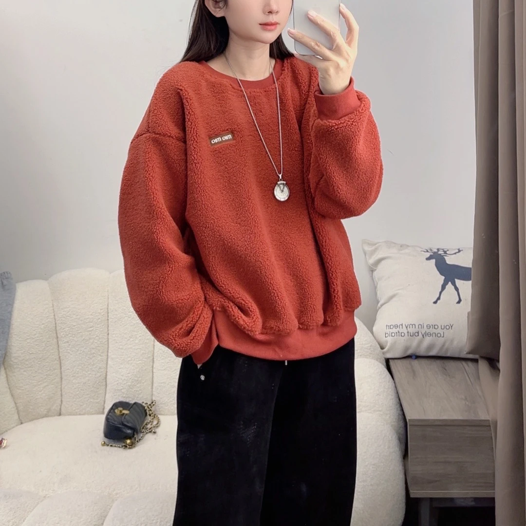 宽松羔毛加绒长袖圆领卫衣女宽松慵懒风休闲百搭外套上衣DYY2375