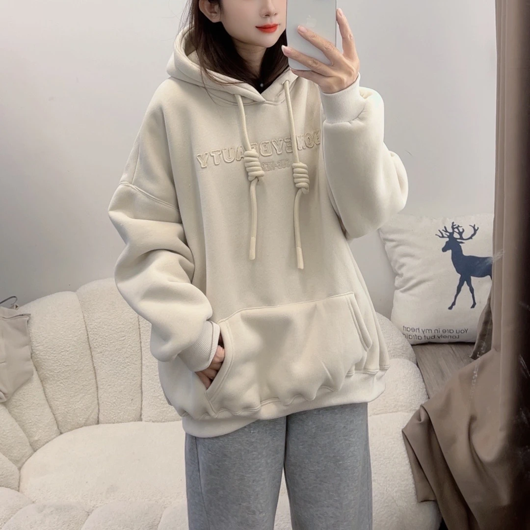 加厚加绒连帽宽松套头刺绣卫衣新款慵懒风宽松上衣外套DYY2393