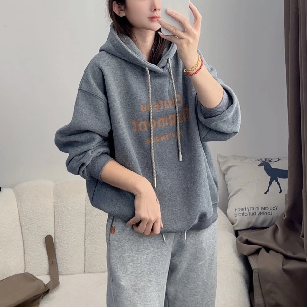 加绒秋冬季新款设计字母印花连帽卫衣女美式百搭宽松外套DYY2363