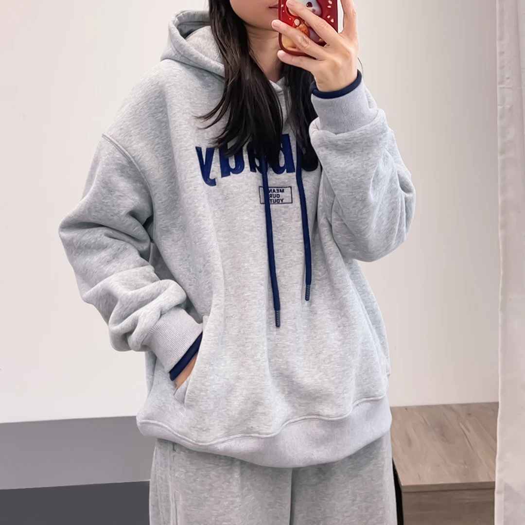 加绒加厚韩版休闲字母刺绣袖子拼接连帽卫衣女冬 DY3186