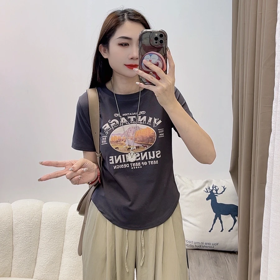 夏季显瘦圆领时尚卡通印花圆领韩版设计感百搭短袖T恤女DYY1081