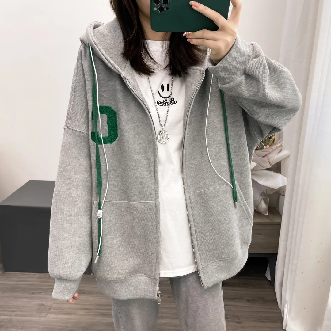 【丽可儿】不加绒韩版休闲字母刺绣外套拉链连帽卫衣女 DY2163