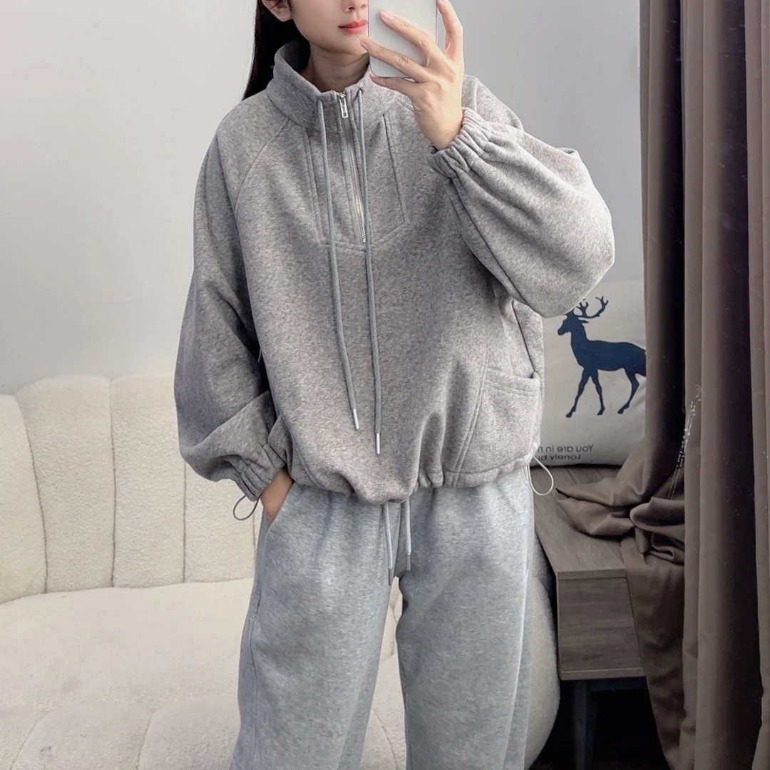慵懒风立领米色半拉链长袖卫衣女2024休闲显瘦气质上衣DYY2390