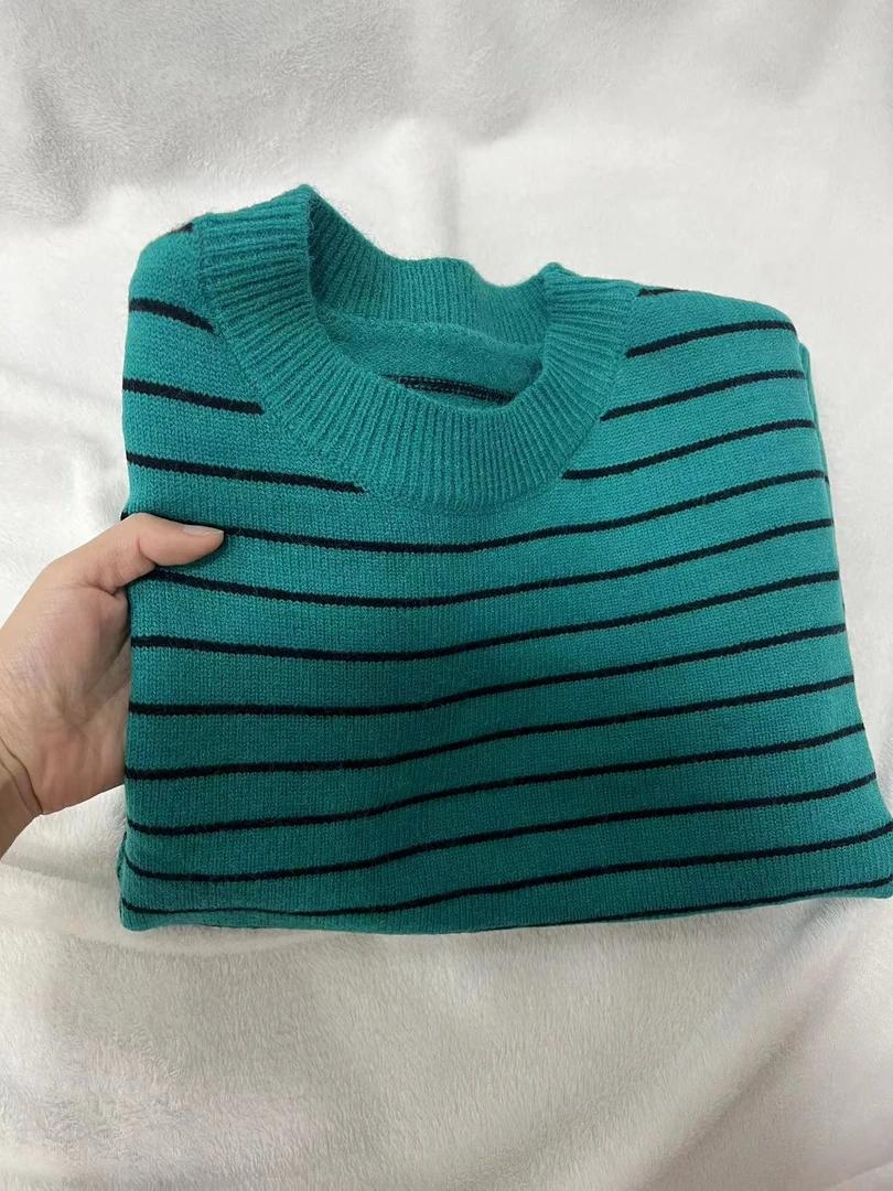 051经典条纹细白条针织圆领套头