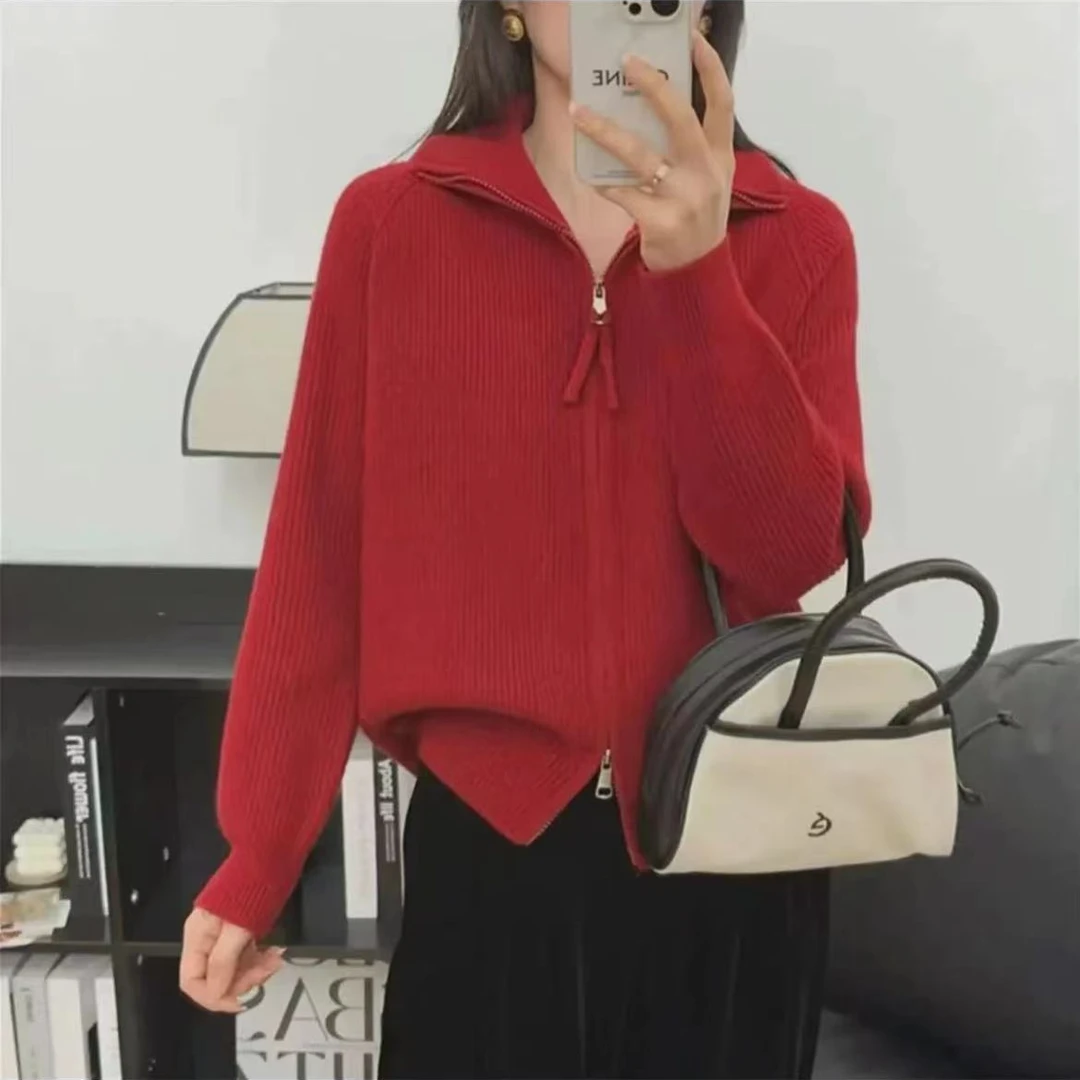【立领开衫】048秋款纯色双拉链针织开衫