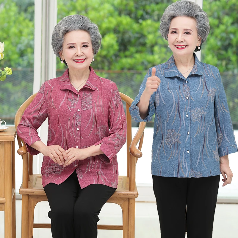 夏季新款中老年妈妈装中袖衬衫60岁奶奶雪纺衫老年人女士夏装开衫
