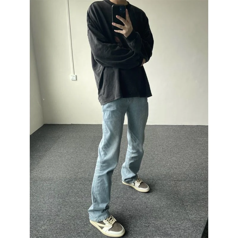 美式微喇牛仔裤男秋冬季高街vibe蓝色直筒裤潮牌复古百搭休闲长裤