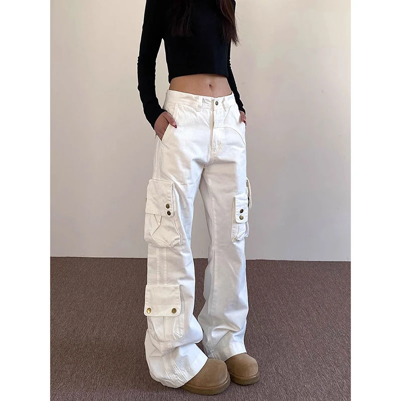 美式复古cleanfit多口袋牛仔裤男生直筒宽松百搭白色工装微喇裤子