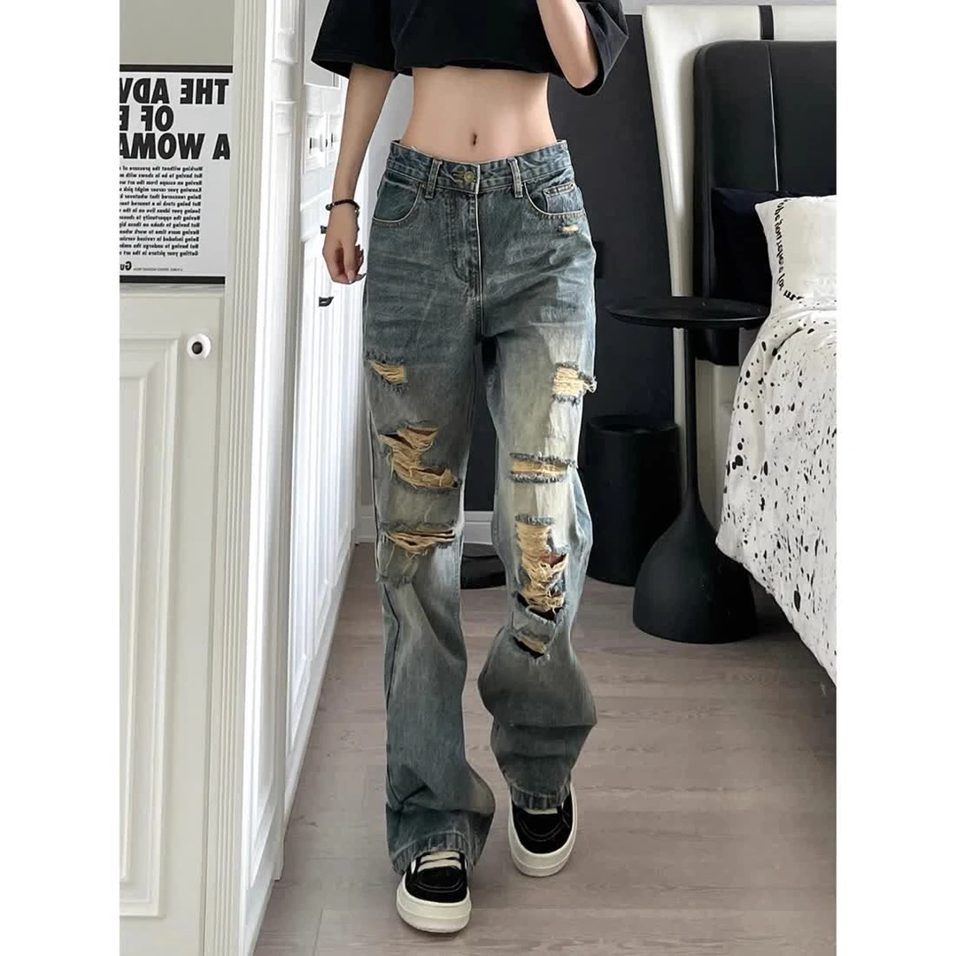 美式复古高街vibe破洞牛仔裤男生新款显瘦宽松直筒微喇长裤子