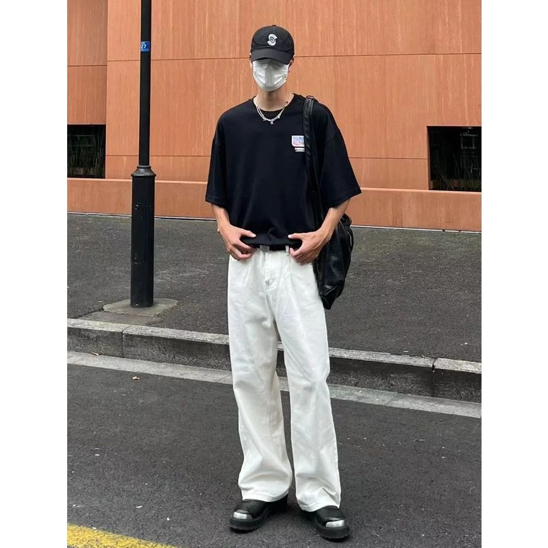 cleanfit垂感白色直筒牛仔裤男女复古水洗宽松休闲阔腿拖地长裤