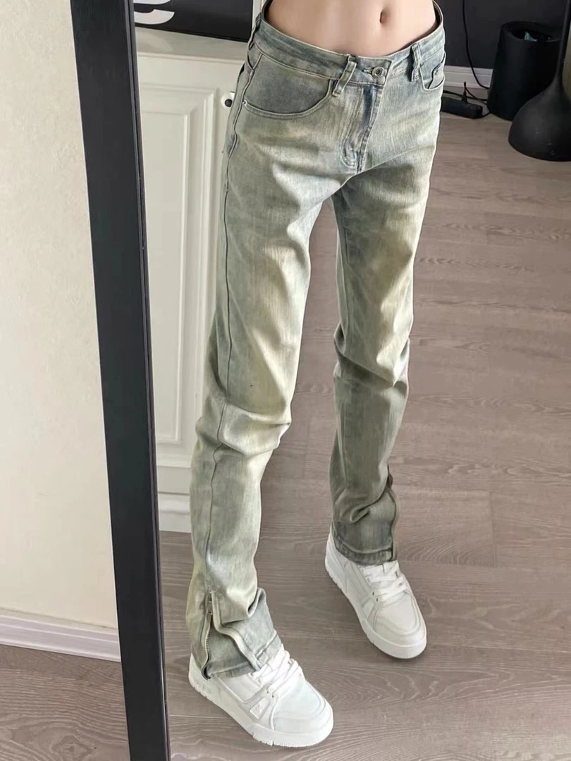 美式高街侧拉链牛仔裤男女潮牌vibe风修身小脚显瘦直筒裤