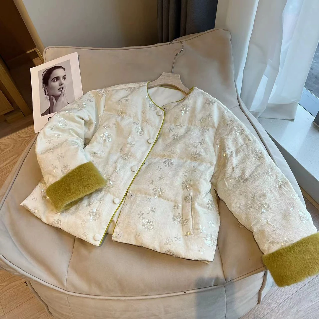 【豆子推荐】24809 冬季新中式亮片气质韩版羽绒服外套保暖