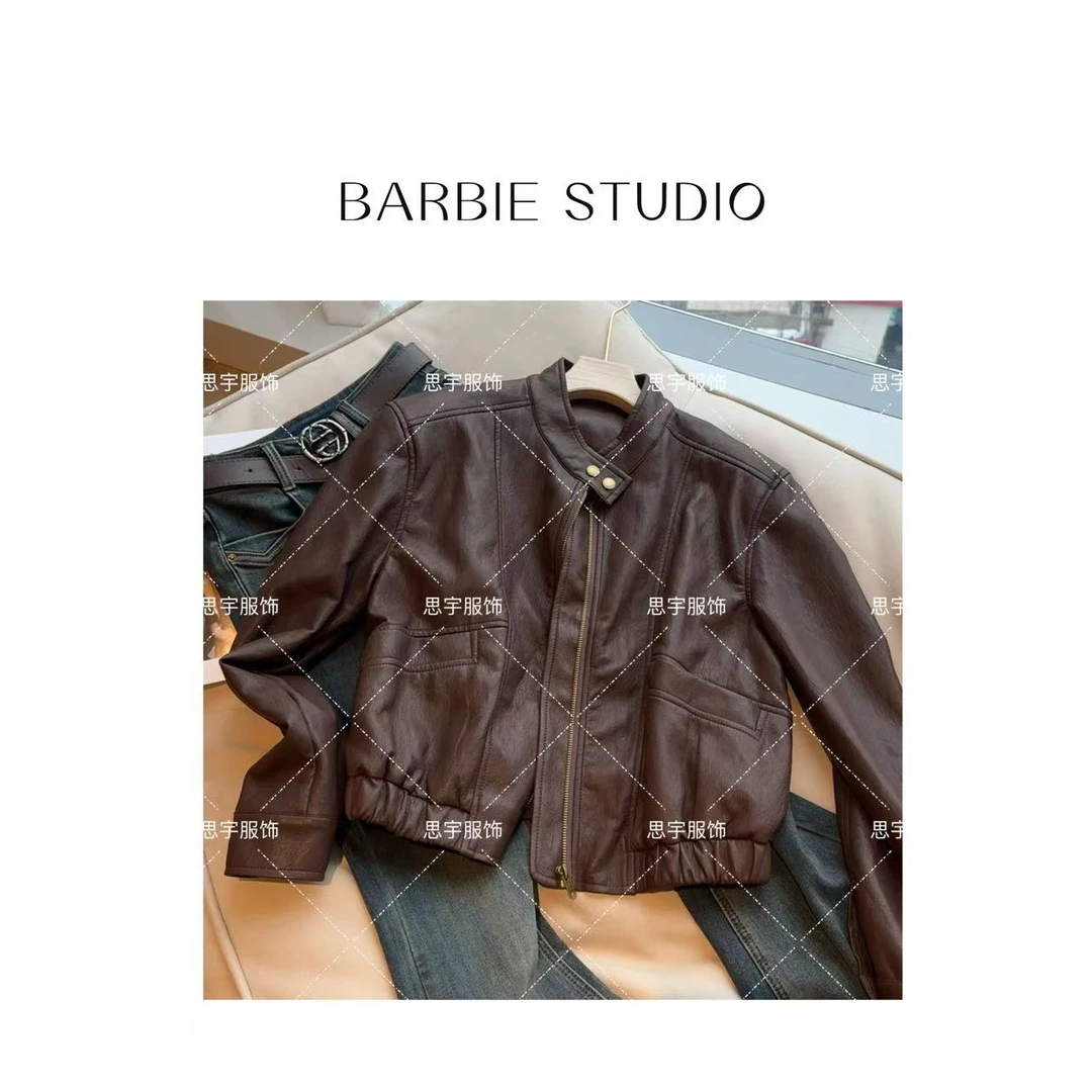 Barbie Siyu【拽 姐】夹棉秋冬小个子短款棒球皮衣女外套66059