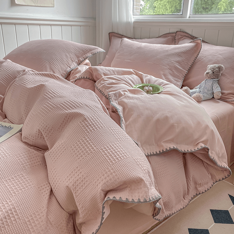高级感华夫格全棉四件套纯棉床单被套简约三件套床上用品纯色单人