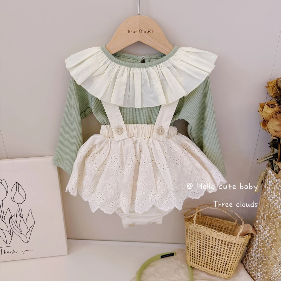 三小朵1190婴幼儿女童春秋荷叶领镂空刺绣背带裤韩版蕾丝洋气哈衣