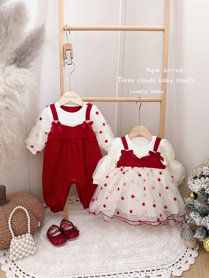 三小朵婴幼儿宝宝女童春款长袖假两件吊带泡泡袖波点纱裙连衣裙