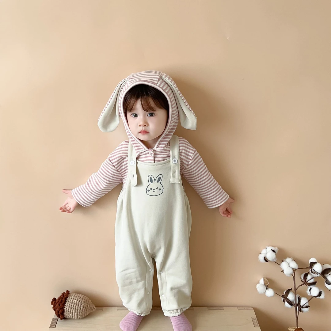 三小朵1305婴儿秋款宝宝连体衣套装长袖条纹兔耳朵连帽卫衣背带裤