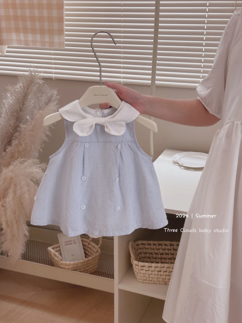 三小朵【爱琴海】女宝宝婴幼儿公主裙无袖海军风条纹百天夏装包屁裙