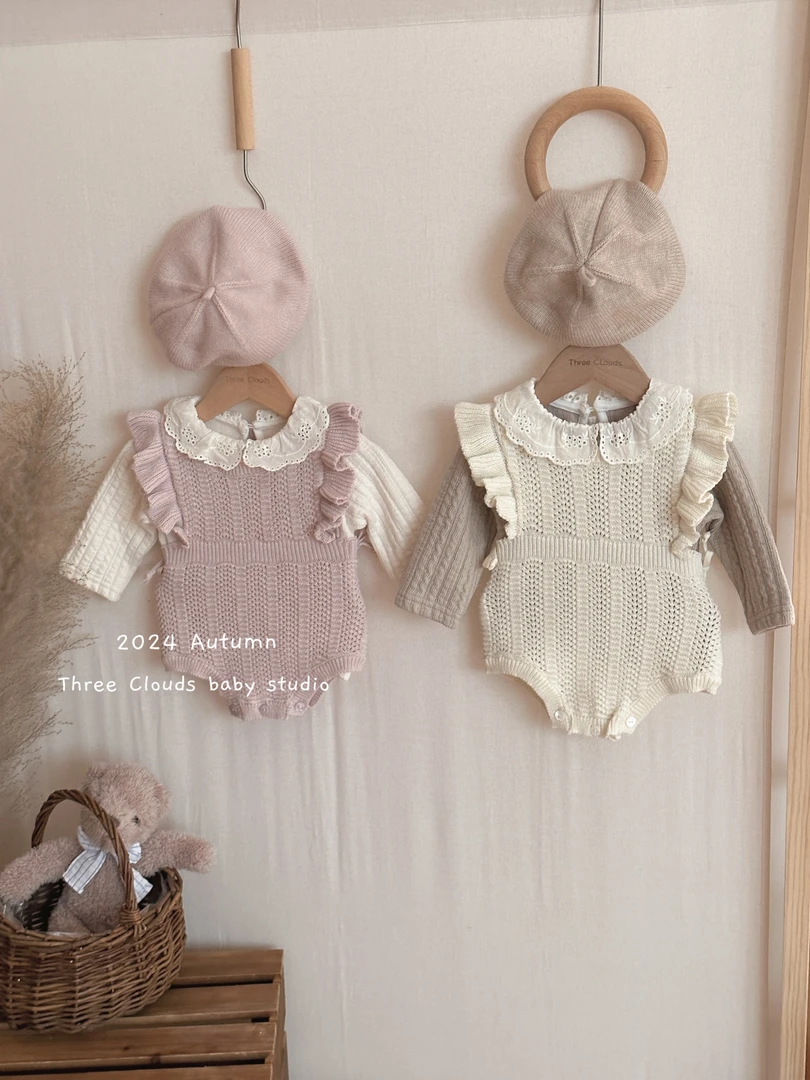 三小朵2157女宝宝婴幼儿女婴针织连体衣爬服女宝飞袖镂空背心包屁