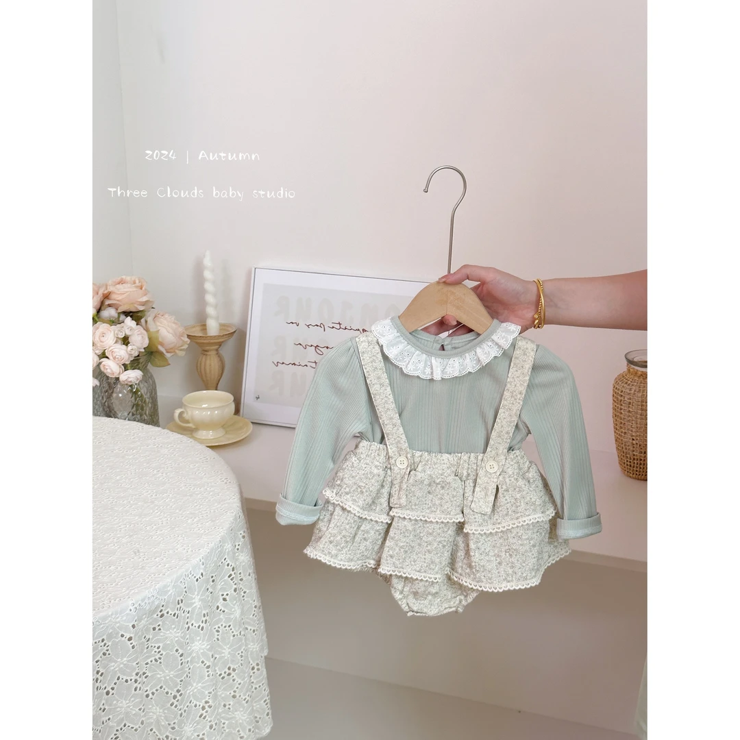 三小朵2102【茉莉奶绿】法式女宝宝婴幼儿碎花哈衣长袖背带哈衣套装