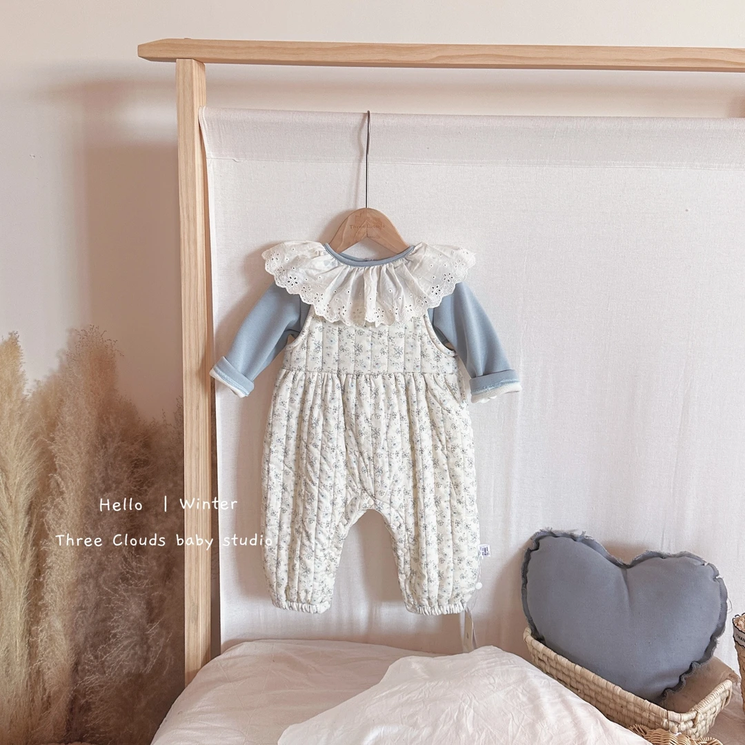 三小朵2320女宝宝碎花夹棉背带裤套装冬季加绒花边领打底衫婴儿秋