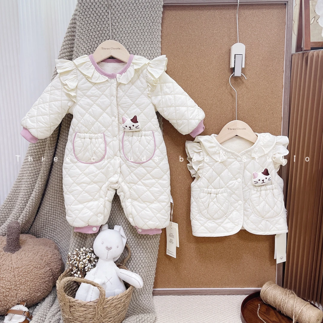 三小朵1403婴幼儿女童秋冬夹棉可爱小猫咪加绒加厚爬服/马甲保暖