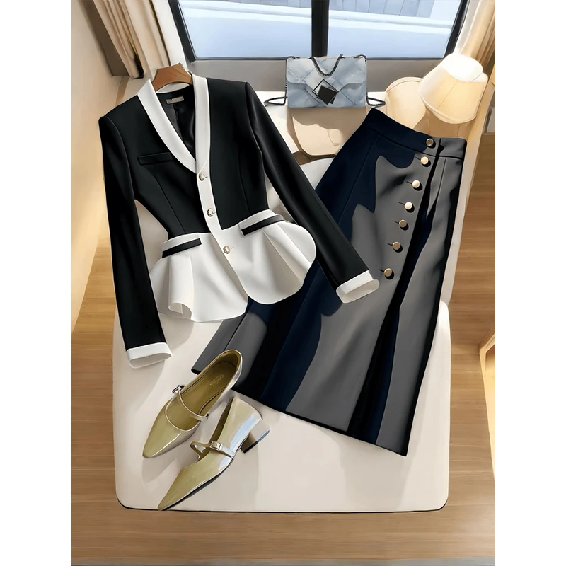 流浪丹宁轻熟干练气质高端欧货职业女装收腰显瘦上衣半身裙两件套