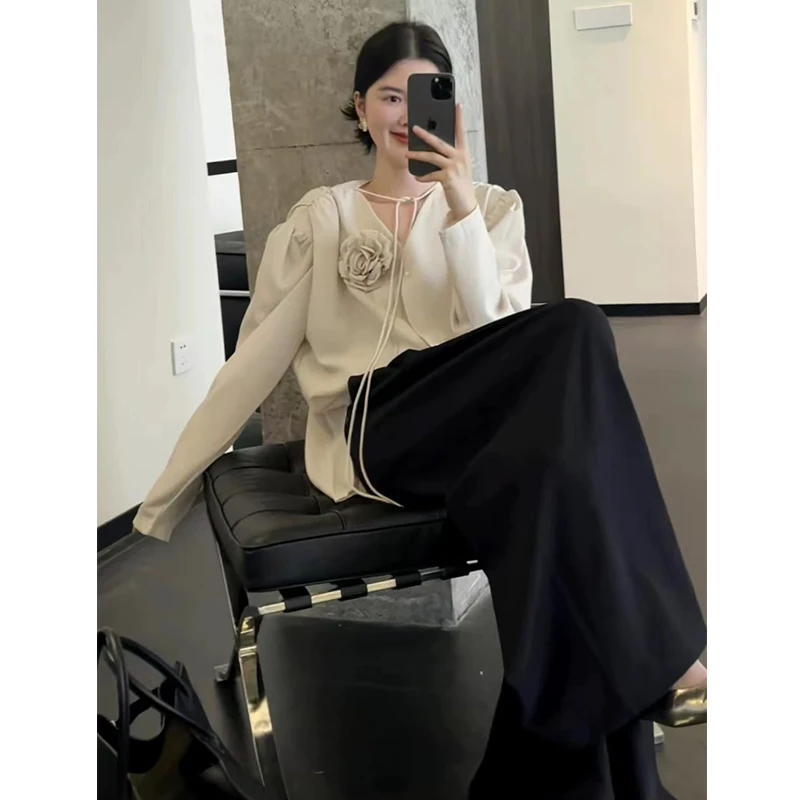 法式泡泡袖复古长袖高级设计感小众衬衫女黑色休闲直筒西装裤套装
