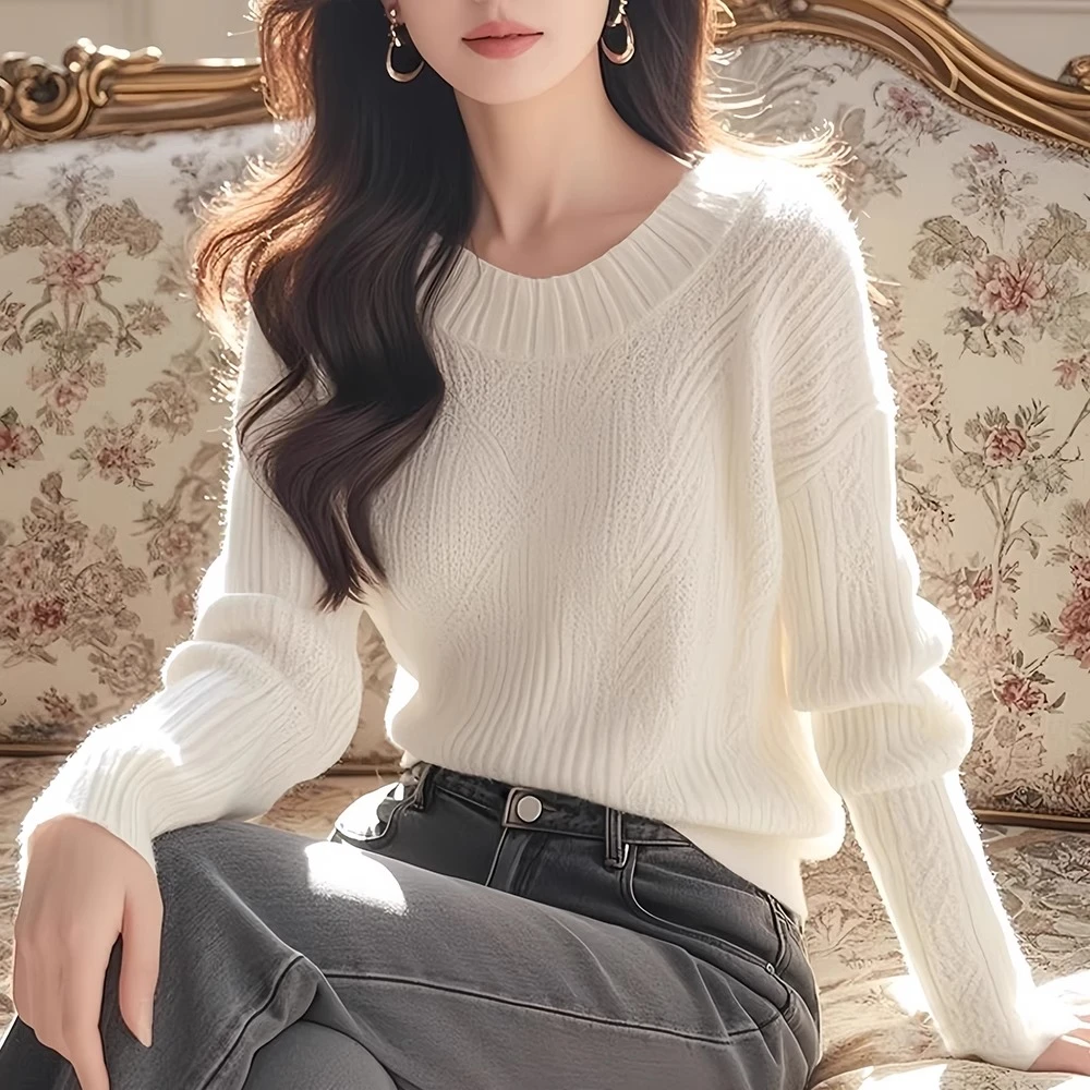 白色修身针织软糯毛衣女2024秋冬季新款舒芙蕾轻法慵懒风软糯毛衣