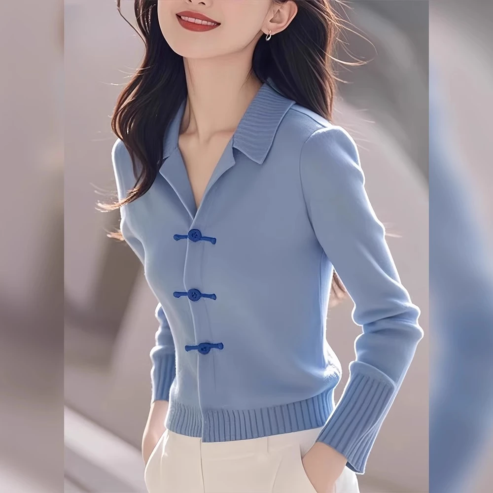 新中式国风蓝色翻领修身毛衣针织开衫女2024新款深秋初冬穿搭上衣