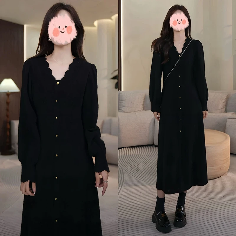 洋气百搭收腰连衣裙女2024新款时尚V领气质秋冬显瘦长袖黑色裙子