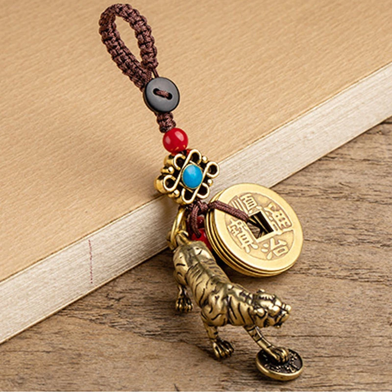 纯黄铜老虎属相汽车钥匙扣小挂件古风男女包包饰品吊坠五帝挂饰