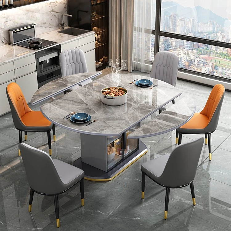 现代简约客厅家用餐桌可伸缩可折叠可变圆带储物柜岩板餐桌椅组合