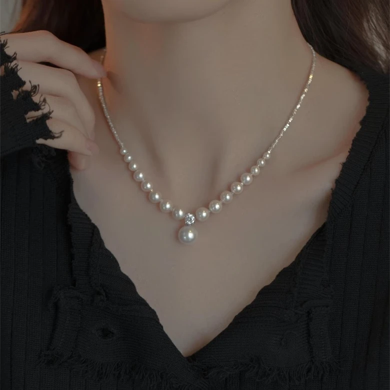 合金仿珍珠项链 碎银子珍珠项链女小众百搭颈链轻奢高级感锁骨链
