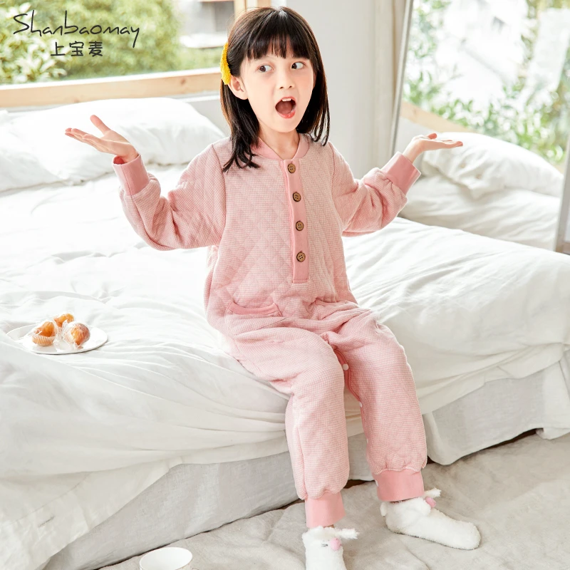 上宝麦秋冬儿童连体睡衣夹棉加厚保暖男童女童宝宝家居服睡衣保暖