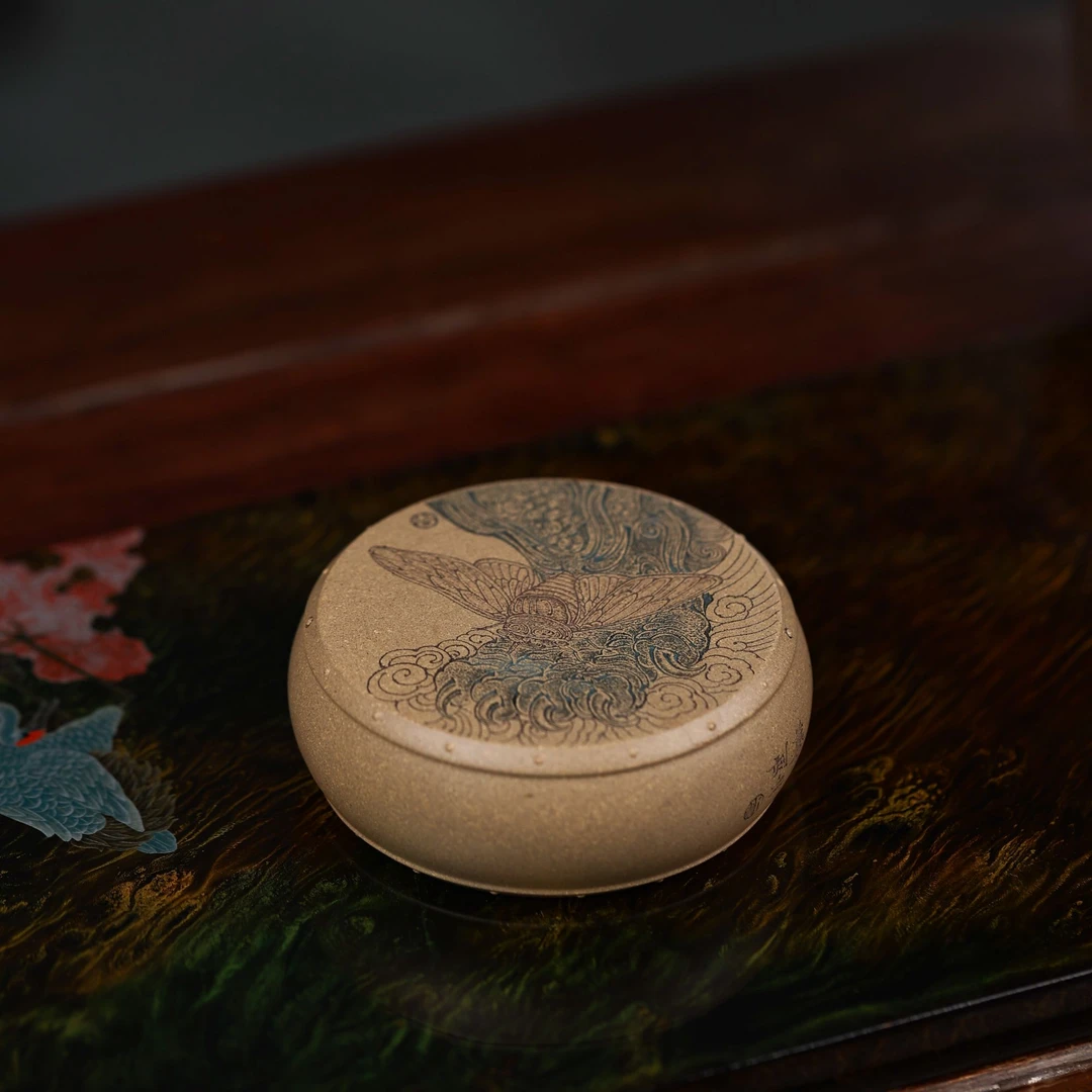 彧凨堂 刘华 太极鼓 紫砂盖置 摆件 杯托 摆件段泥 全手工蝶恋花