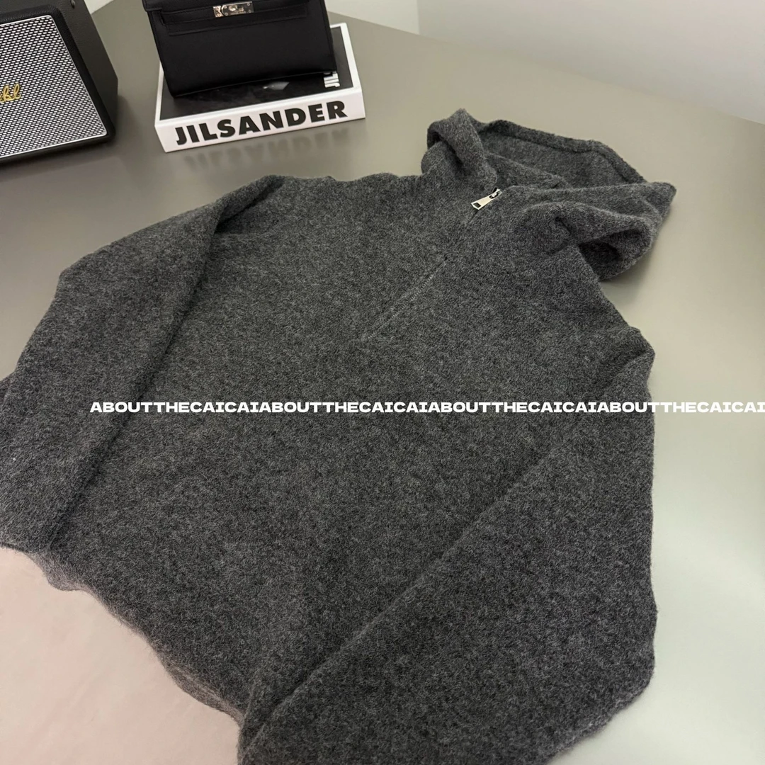 CAICAI冬季韩系连帽灰色长袖针织休闲保暖半拉链百搭毛衣内搭-777