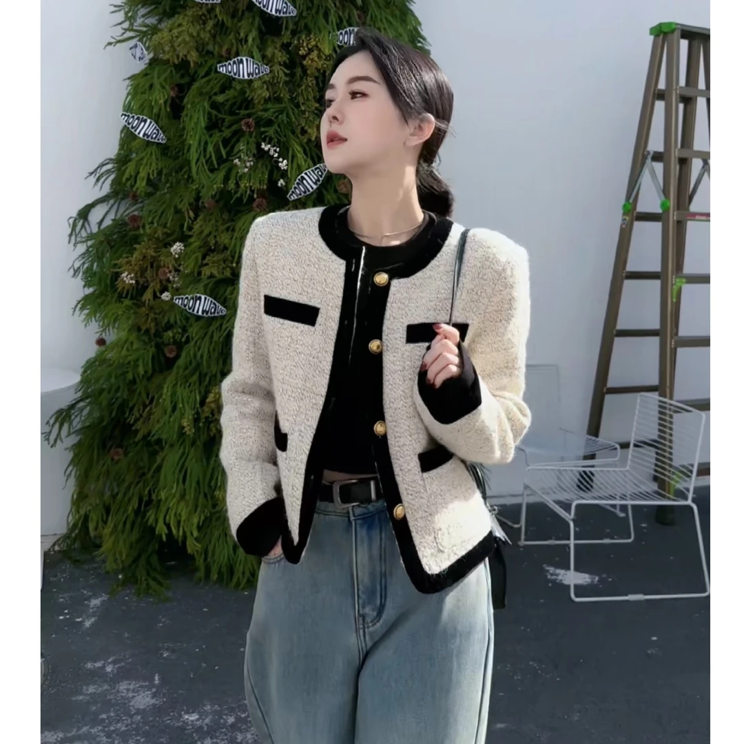 【90白鸭绒】小香风外套女春款设计感撞色木耳边保暖编织上衣