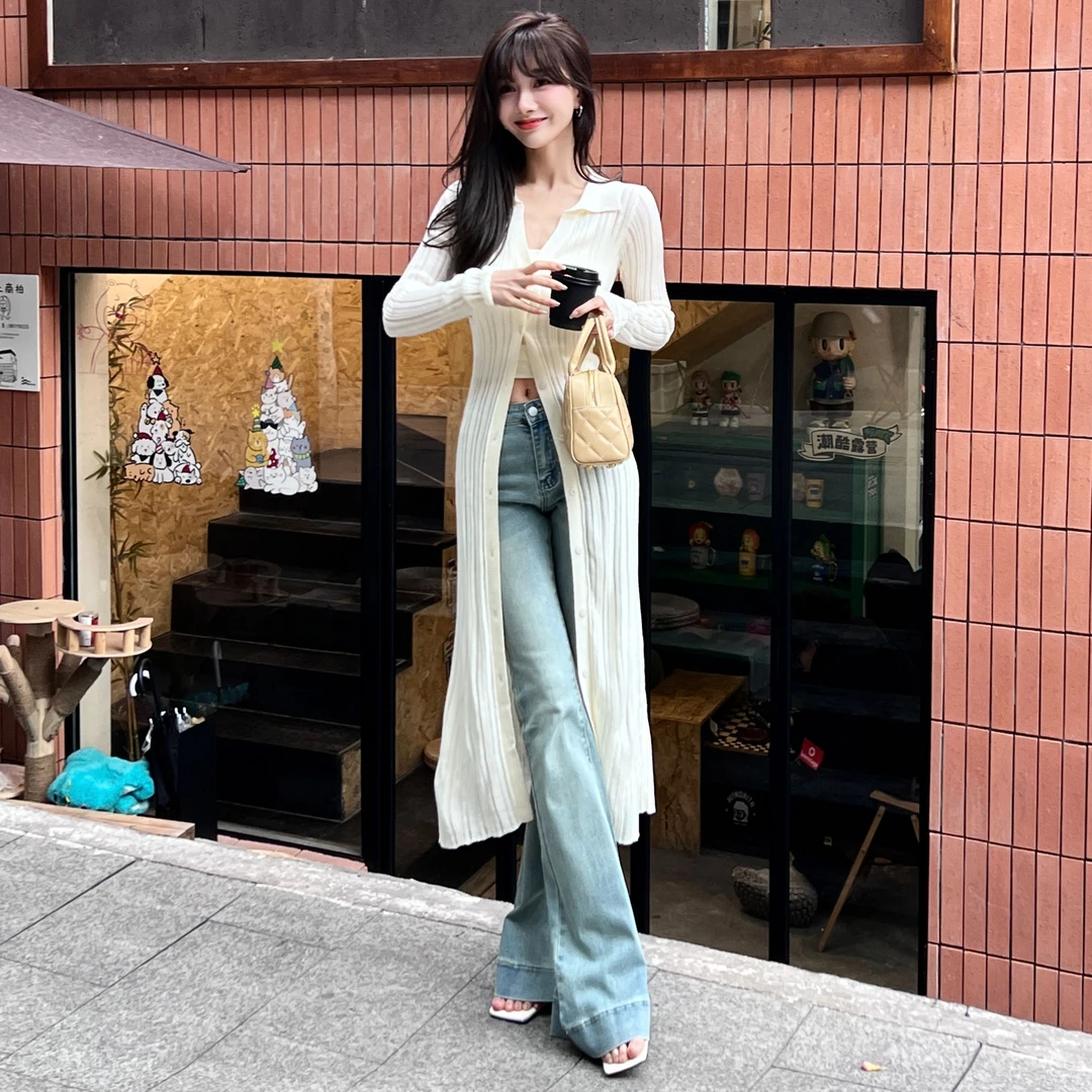 《慵懒纸片人》V领针织长款开衫春秋外穿潮酷休闲显瘦时尚（衣长116）