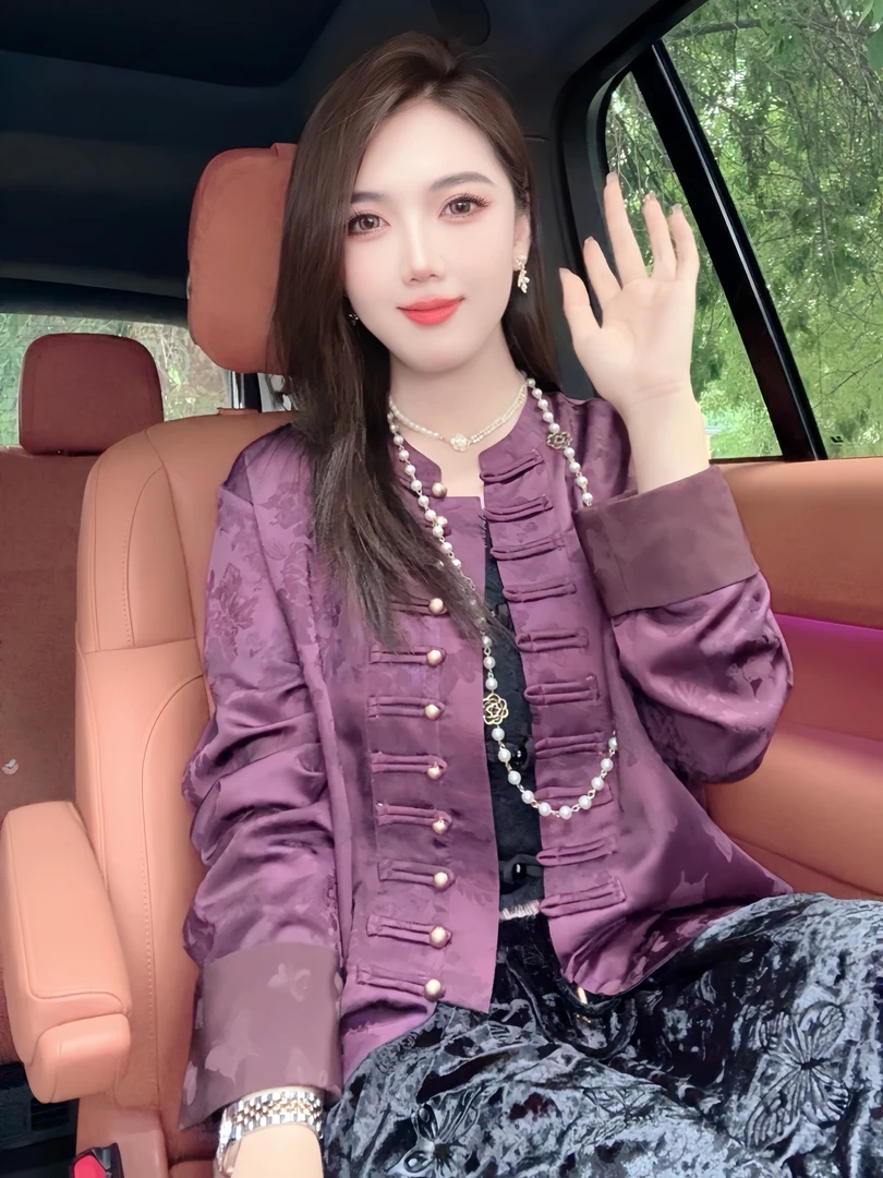 【紫醉金迷】早秋新款新中式国风盘扣上衣+直筒裤两件套6715