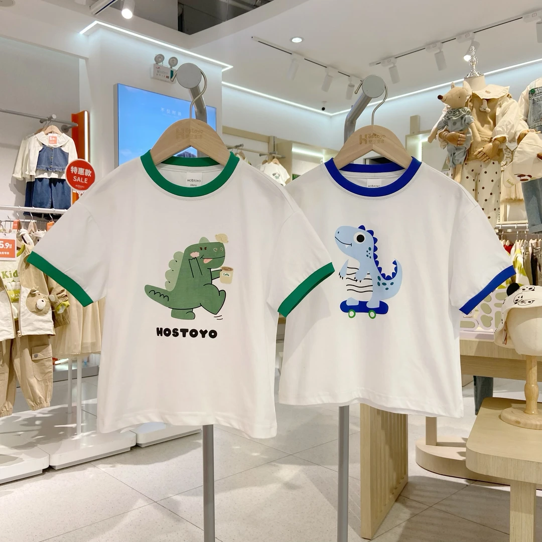 皇室童缘2024男童夏款恐龙短袖时尚印花韩版T恤圆领拼色夏季