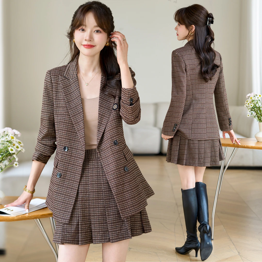 学院风复古格子西装百褶裙套装女春秋新款时尚气质修身高级感西服