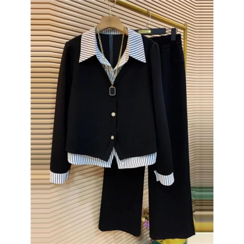 特大码300斤情侣衬衫套装男女美式复古条纹秋季假两件显瘦两件套2