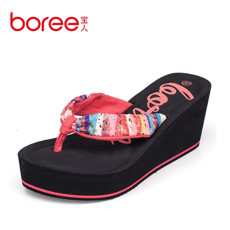BOREE拖鞋夏季女士高跟松糕厚底坡跟绸缎花布凉拖鞋时尚人字拖