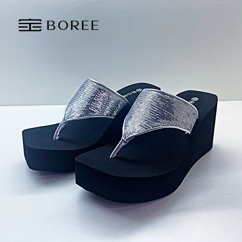 宝人新款人字拖 女外穿夏季坡跟夹脚凉拖鞋高跟厚底增高网红凉拖