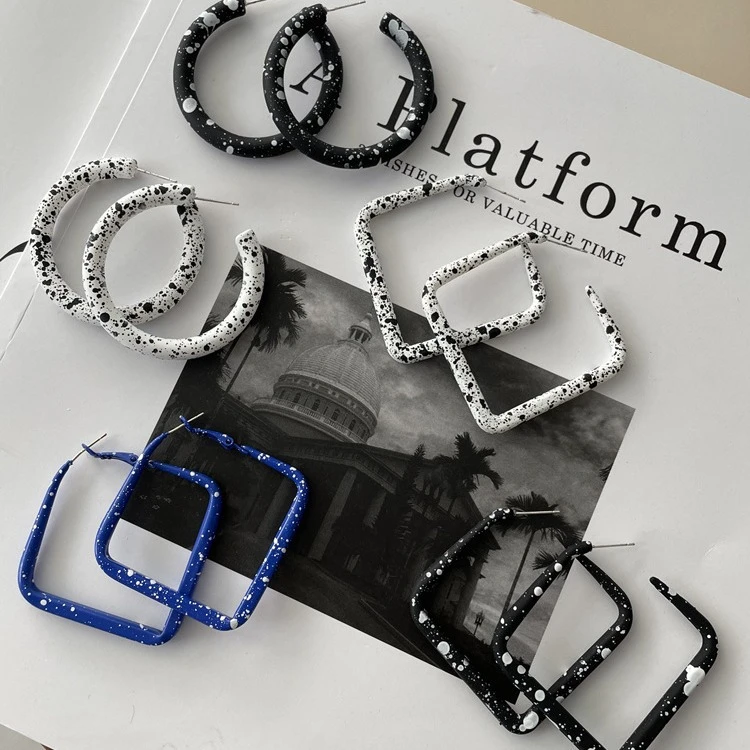 钛钢亚克力耳饰 复古喷墨设计感方形耳环2025年新款潮秋冬C形亚克